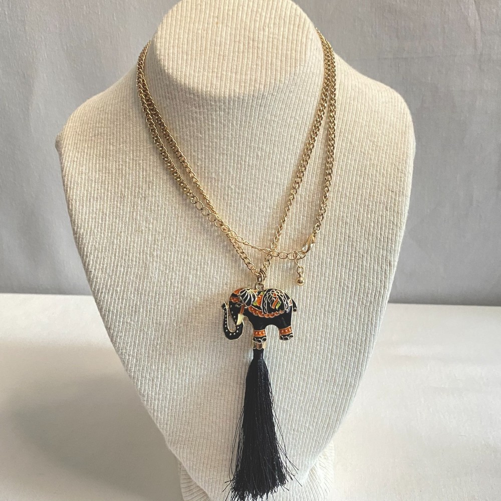 💎Opera Necklace Gold Tone Chain Black Red Enamel Elephant Tassel Pendant